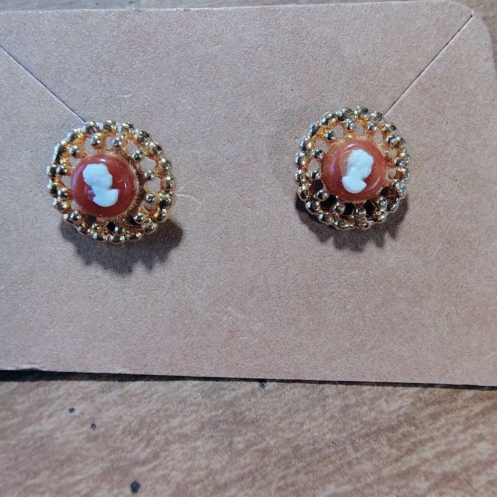 Gold and Brown Cameo Stud Earrings
